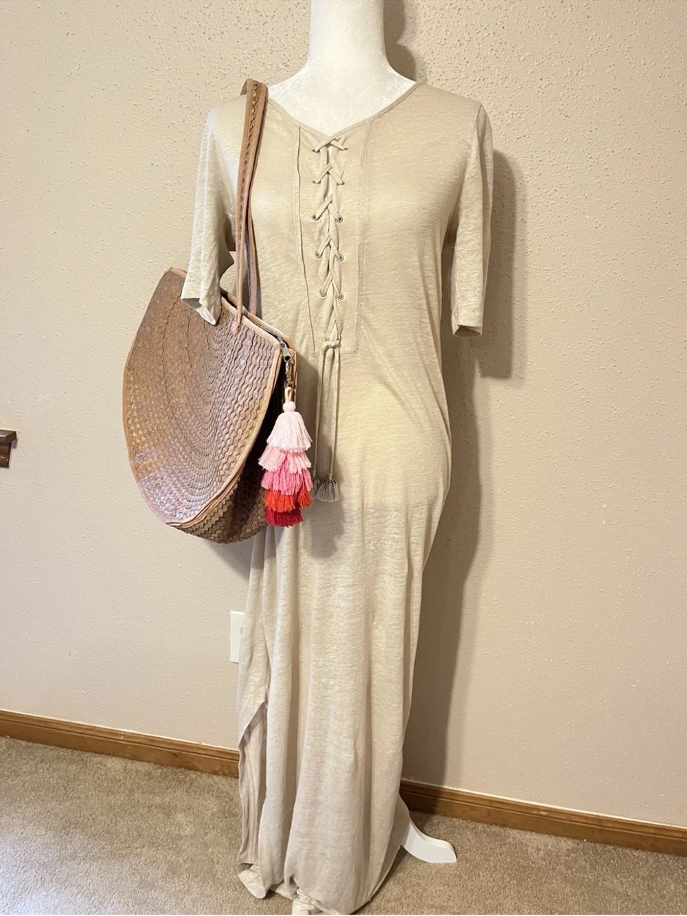 Sz S Calypso St. Barth Beige Linen Jersey Lace Up Maxi Dress Coverup